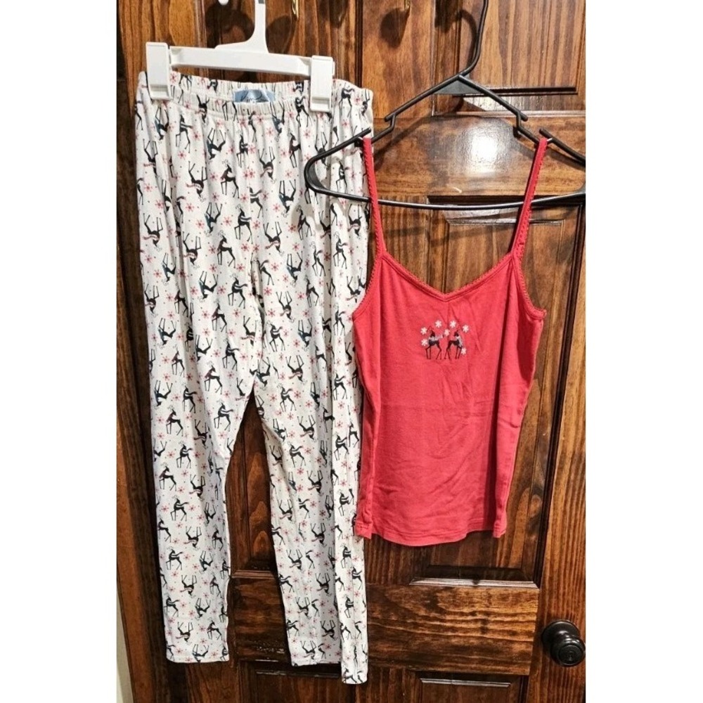 Kim Rogers Intimates Womens Cotton Reindeer Cami Pajama Set Red White Small